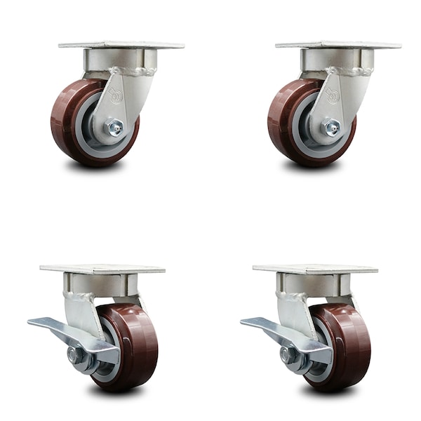 Service Caster 4 Inch Kingpinless Poly on Polyolefin Wheel Swivel Caster Set with 2 Brakes SCC SCC-KP30S420-PPUR-2-SLB-2 - main